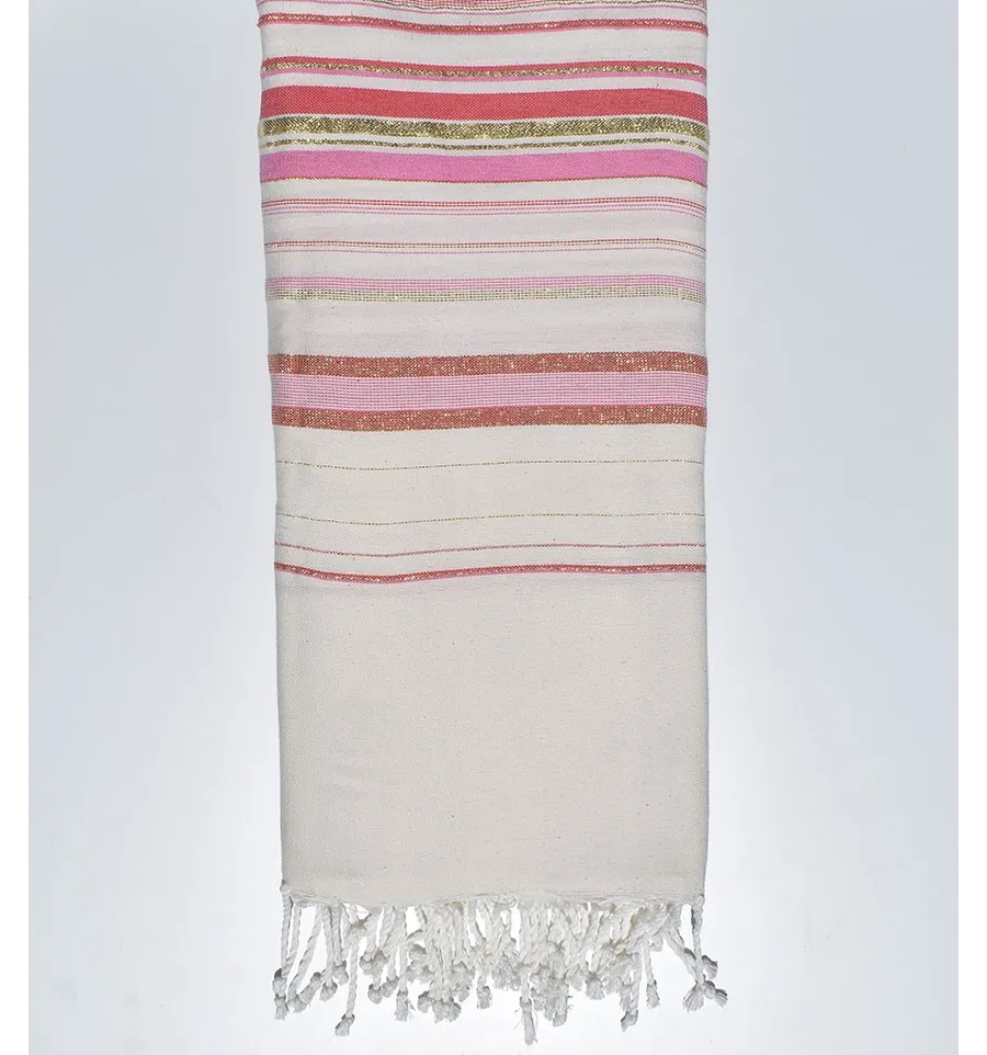 Fouta gigante fadhila blanco cremoso claro y rosa carmesí Fouta Tunisia - 2