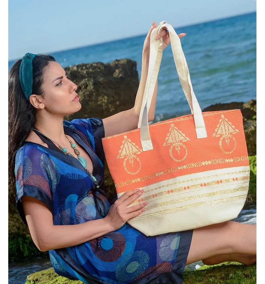 Bolso de playa khlela blanco crema y naranja Fouta Tunisia - 2