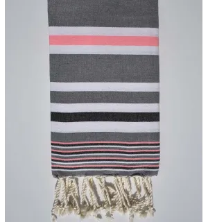 Toalla de playa dina gris con rayas blancas, rosa neón y negras Fouta Tunisia - 1