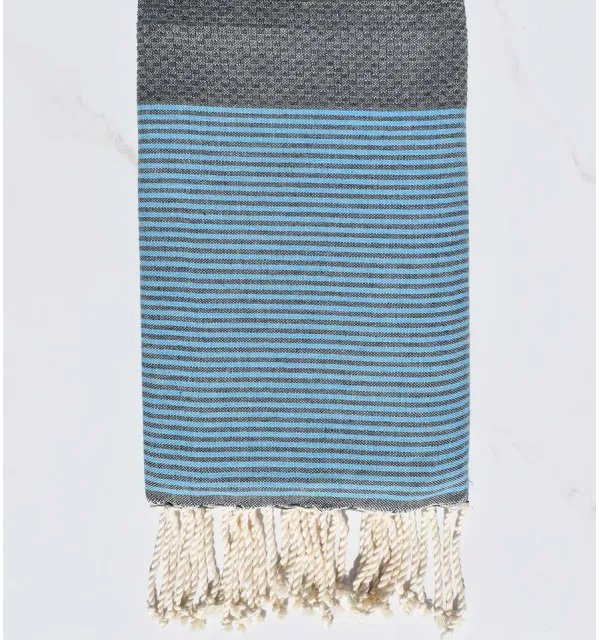 Toalla de playa nido de abeja gris rayas azul celeste Fouta Tunisia - 1