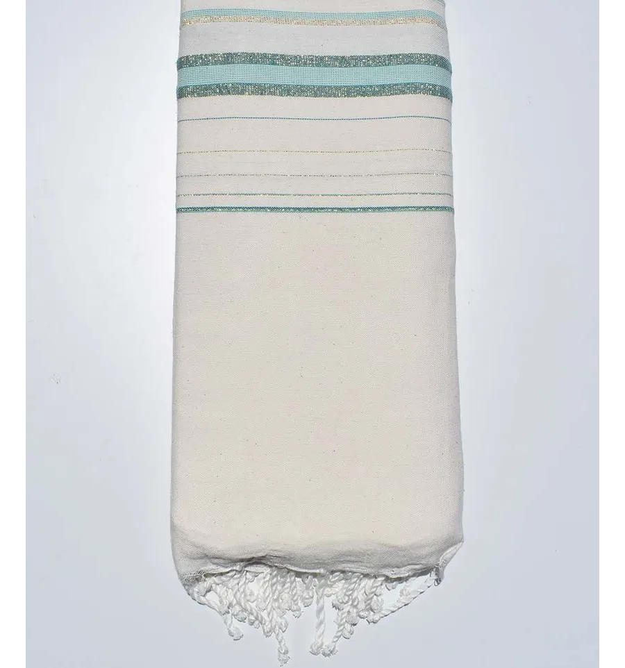 Toalla de playa gigante Fadhila blanco crema claro, verde claro y pato con lurex Fouta Tunisia - 2