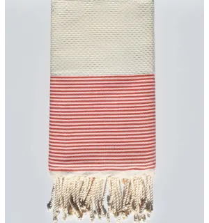Toalla de playa de nido de abeja blanco crema con rayas rojas de capuchina Fouta Tunisia - 1