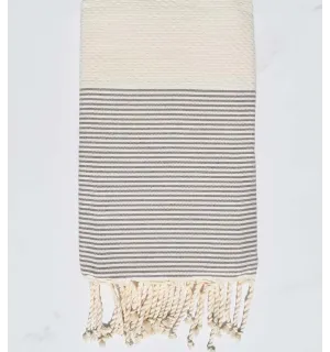 Toalla de playa nido de abeja blanco crema rayado taupe  - 1