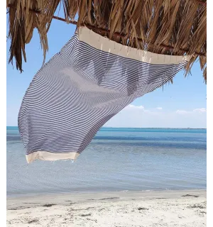 Toalla de playa nido de abeja beige claro 1 centímetros rayas azul  - 1