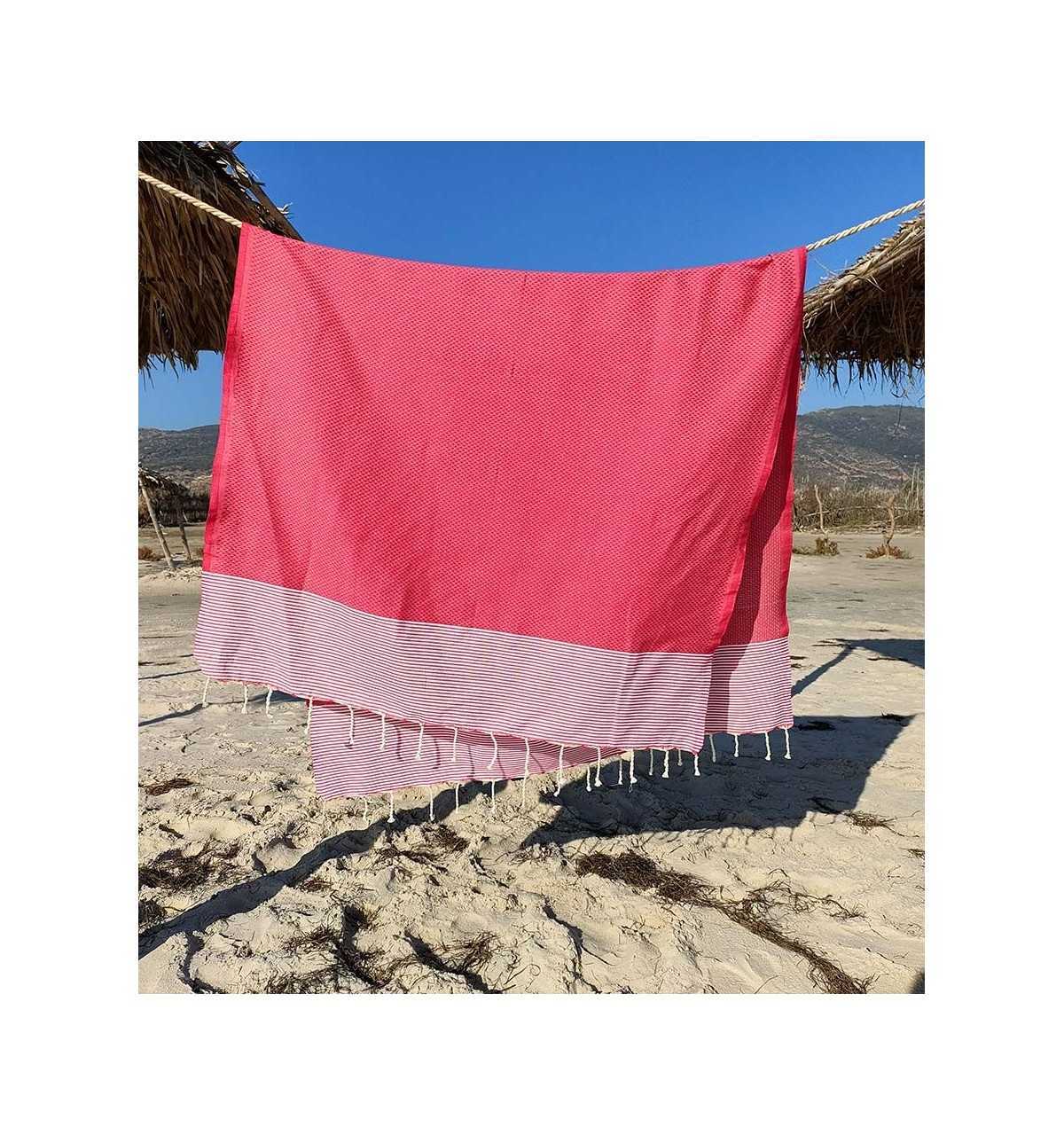 Toalla playa nido de abeja fucsia a rayas blancas - FOUTA TUNISIA