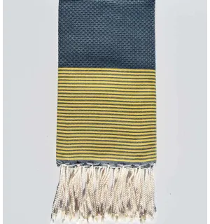 Toalla de playa nido de abeja azul mineral con rayas amarillas Fouta Tunisia - 1
