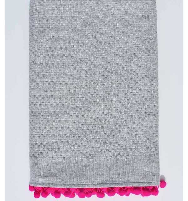 Toalla de playa nido de abeja gris con pompones rosas Fouta Tunisia - 1