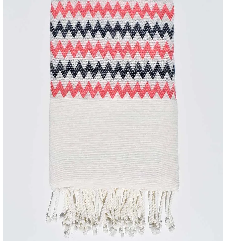 Toalla de playa zigzag blanco crema, rosa y azul oscuro Fouta Tunisia - 2