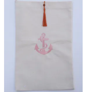 Bolsa beige claro bordado motivo de ancla y pompón naranja Fouta Tunisia - 1