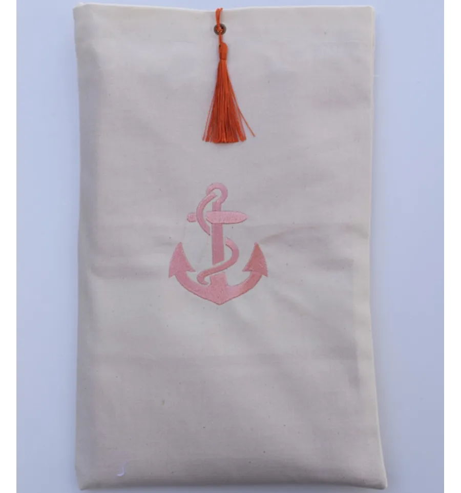 Bolsa beige claro bordado motivo de ancla y pompón naranja Fouta Tunisia - 2