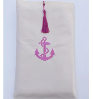 Bolsa beige claro bordado con motivo de ancla rosa con pompón Fouta Tunisia - 1