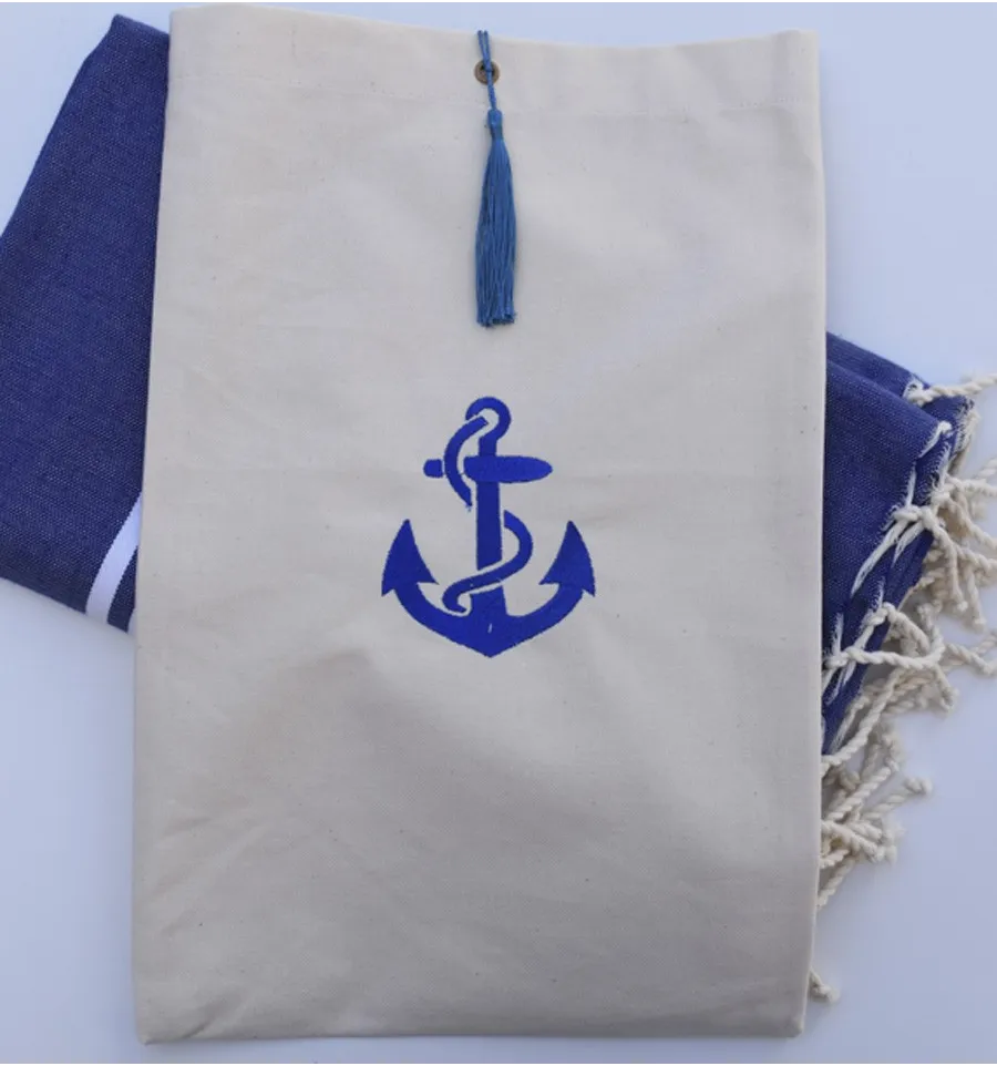 Bolsa beige claro bordado con motivo de ancla azul y pompón azul Fouta Tunisia - 2