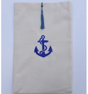 Bolsa beige claro bordado con motivo de ancla azul y pompón azul Fouta Tunisia - 1