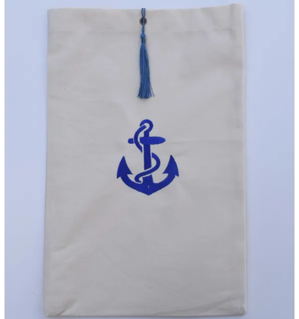 Bolsa beige claro bordado con motivo de ancla azul y pompón azul Fouta Tunisia - 1