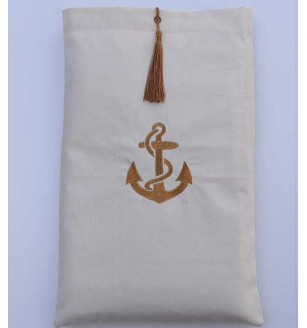 Bolsa beige claro bordado con motivo de ancla con pompón Fouta Tunisia - 1