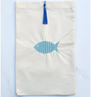 Bolsa beige claro bordado en el color de los mares del sur con pompón Fouta Tunisia - 1