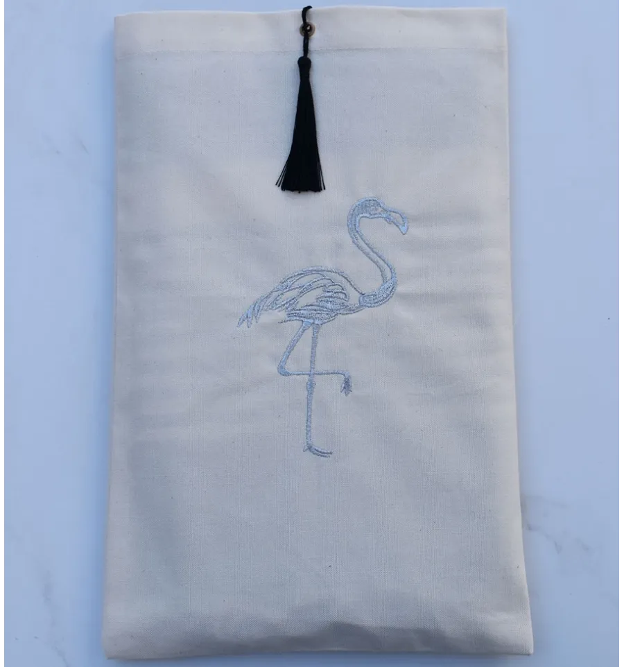 Bolsa beige claro con bordado de flamenco plateado y pompón Fouta Tunisia - 2