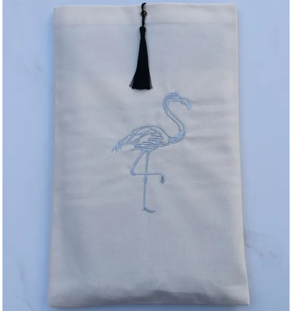 Bolsa beige claro con bordado de flamenco plateado y pompón Fouta Tunisia - 2