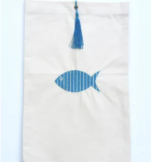 Bolsa beige claro con bordado de pez y pompón Fouta Tunisia - 1