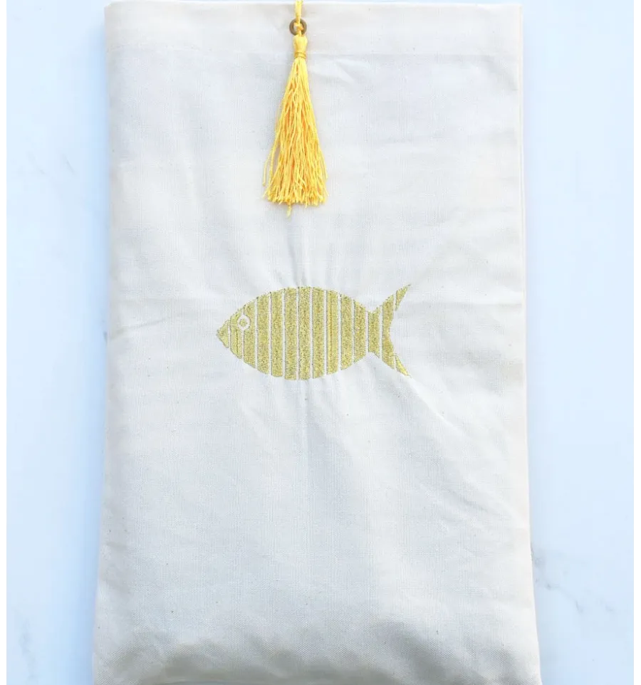 Bolsa beige claro bordado con pompón amarillo Fouta Tunisia - 2