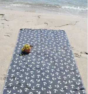 Toalla de playa jacquard  ancla noche azul Fouta Tunisia - 1
