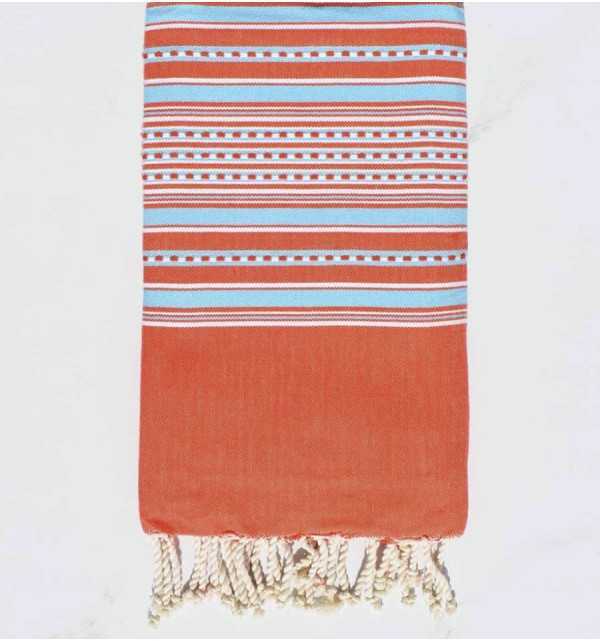 Toalla de playa arabesco naranja oscuro con rayas azules claras Fouta Tunisia - 1