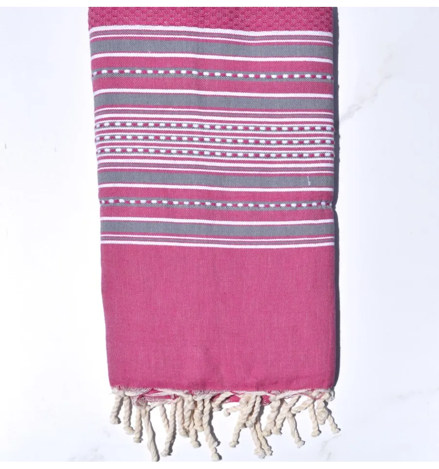 Toalla de playa arabesco rosa oscuro con rayas grises Fouta Tunisia - 5