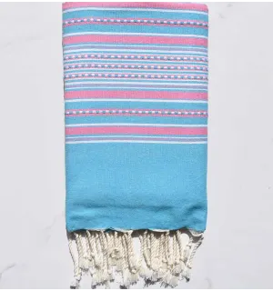 Toalla de playa arabesco celeste a rayas rosa pastel Fouta Tunisia - 1