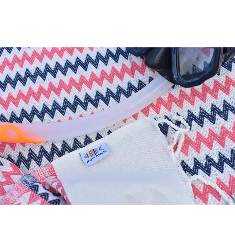 Toalla de playa zigzag blanco crema, rosa y azul oscuro Fouta Tunisia - 3