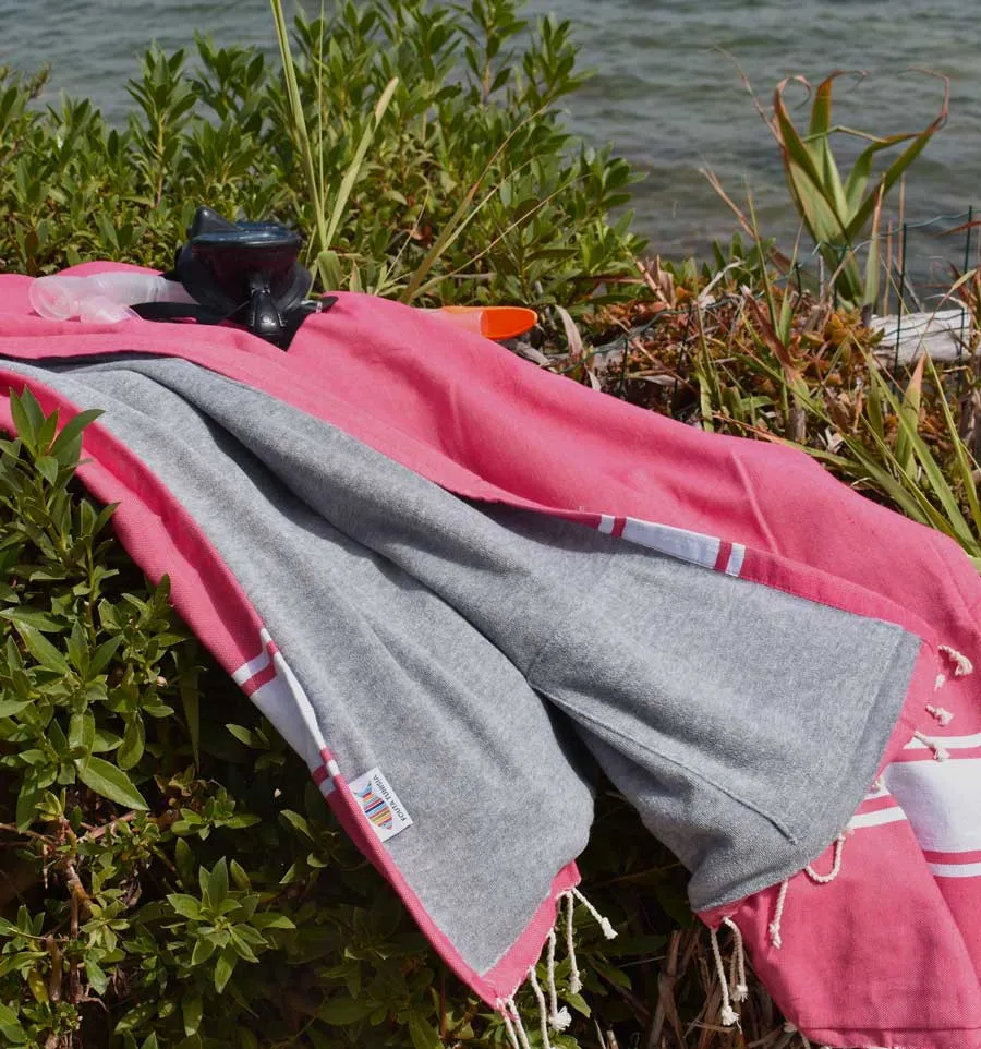 Toalla de playa rosa fresa forrada con esponja gris Fouta Tunisia - 3