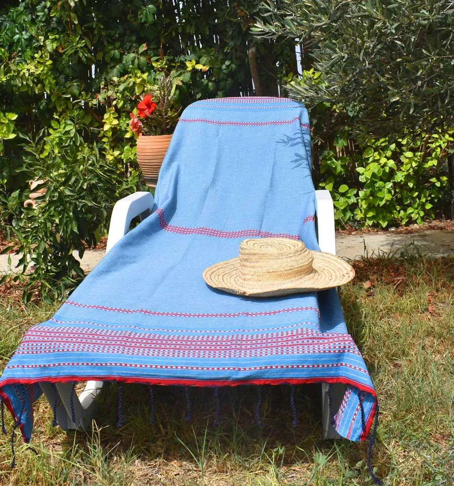 Toalla de playa arabesco azul claro, gris claro y rojo Fouta Tunisia - 4