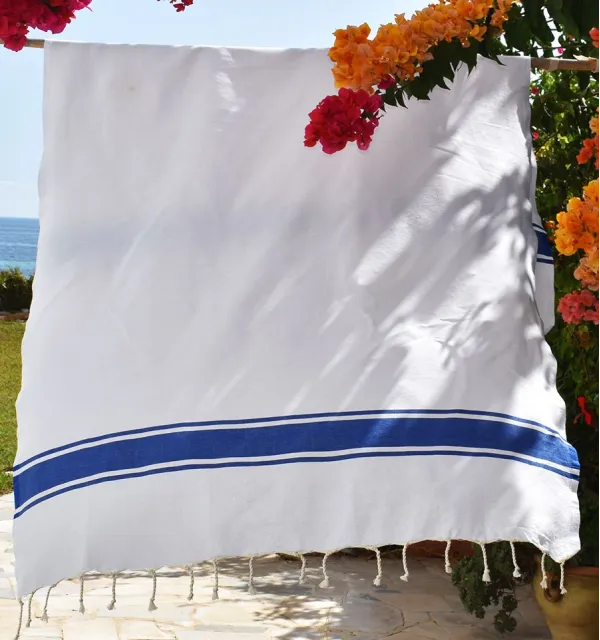 Toalla playa blanco rayas azul Fouta Tunisia - 3