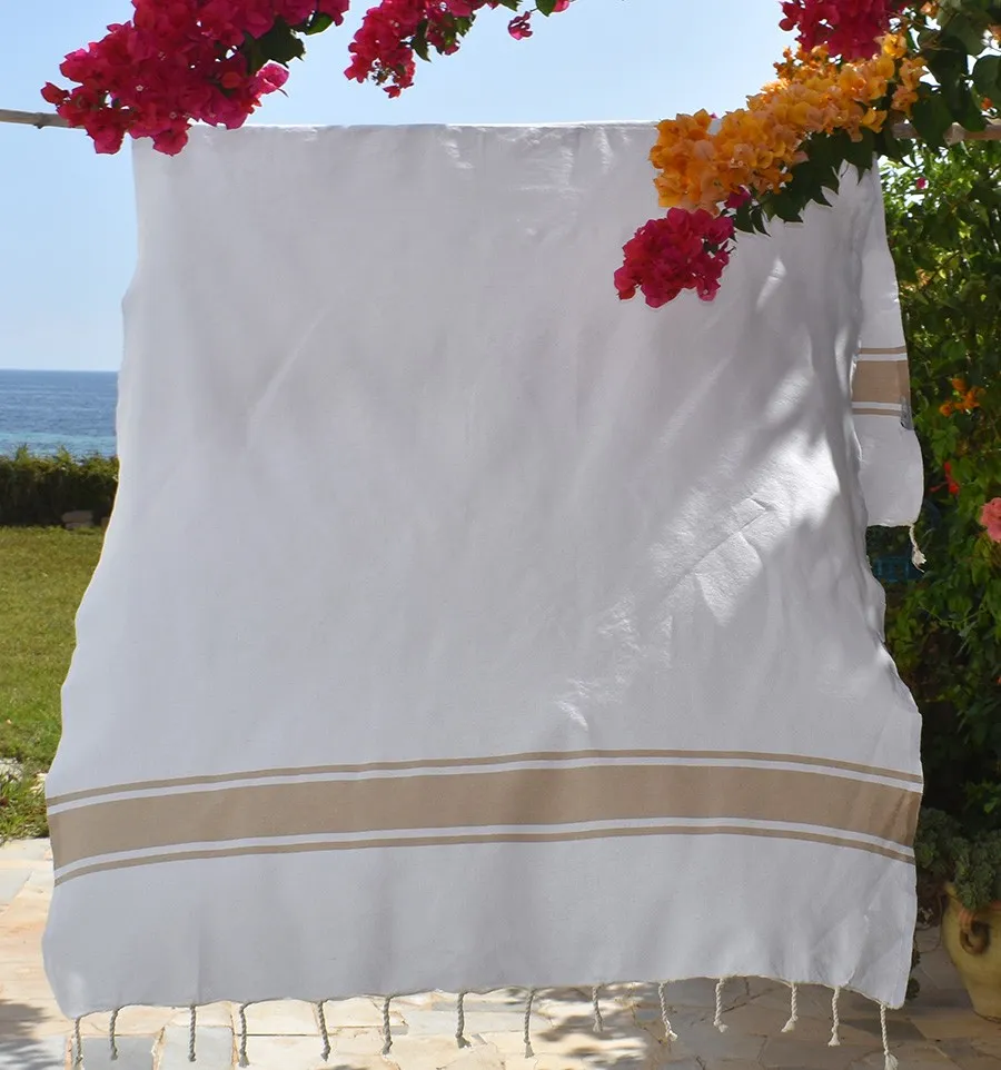 Toalla de Playa Blanca con Rayas Beige Fouta Tunisia - 4