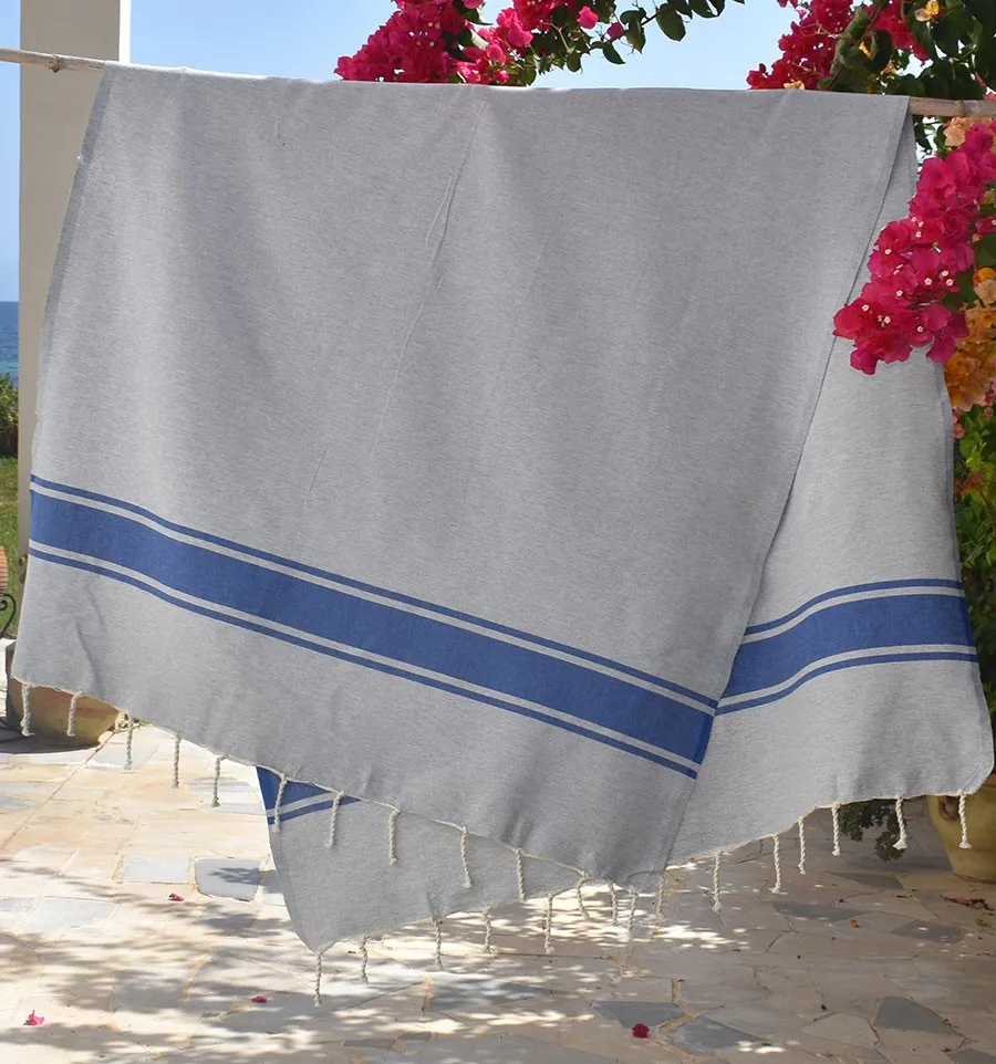 Toalla de Playa Gris con Bandas Azules Fouta Tunisia - 4