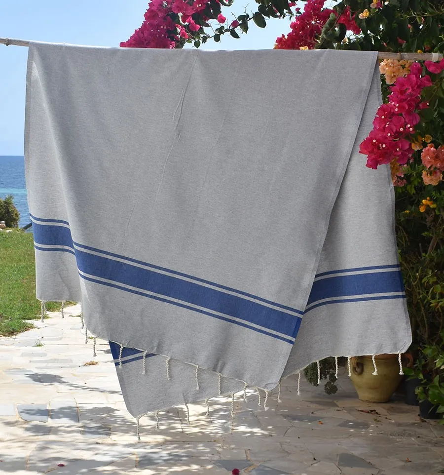 Toalla de Playa Gris con Bandas Azules Fouta Tunisia - 2