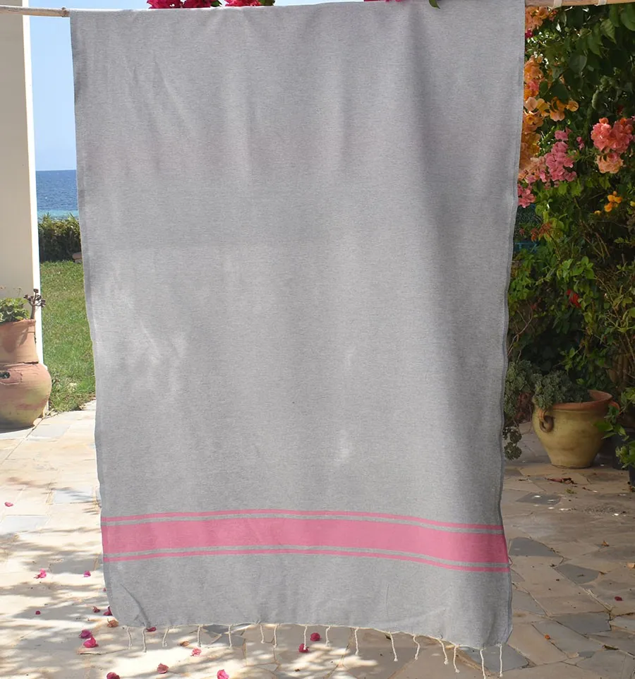 Toalla de Playa Gris con Bandas Rosas Fouta Tunisia - 1