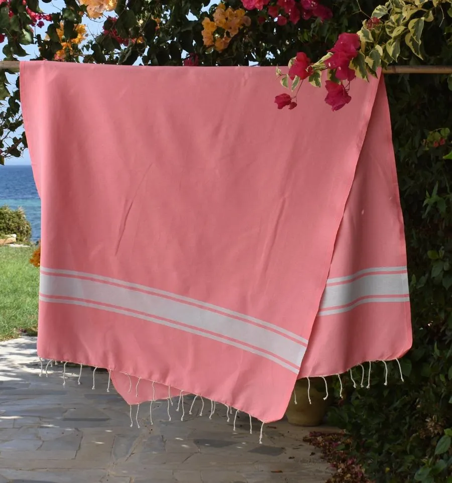 Toalla de playa de algodón reciclado rosa neón - FOUTA TUNISIA