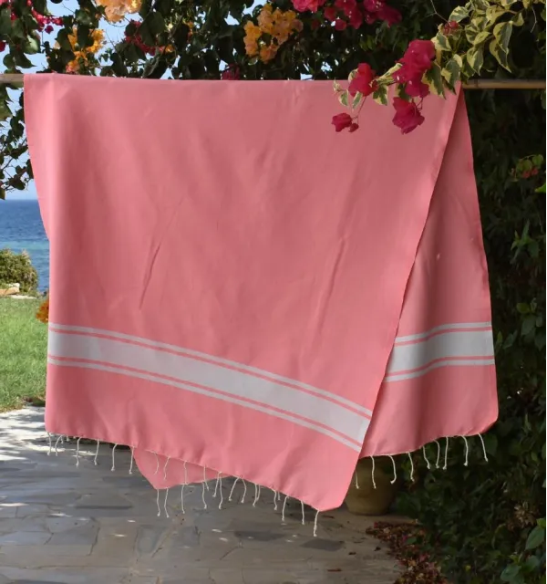 Toalla de playa de algodón reciclado rosa neón - FOUTA TUNISIA