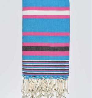 Toalla de playa azul celestial Rayas rosas y blancas Fouta Tunisia - 1 2