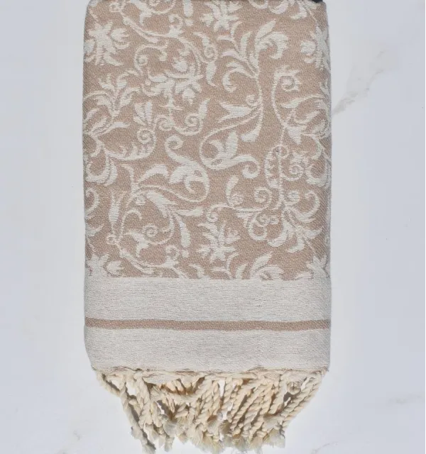 Toalla de playa jacquard beige – Fouta floral de algodón, suave y absorbente para playa o piscina