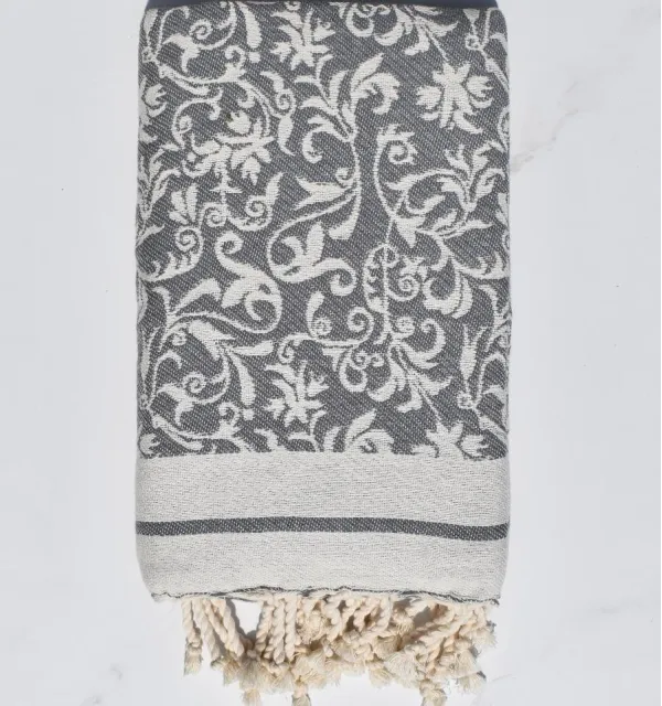 Toalla de playa Versailles gris – Fouta de playa con diseño floral, toalla de playa, fouta jacquard elegante