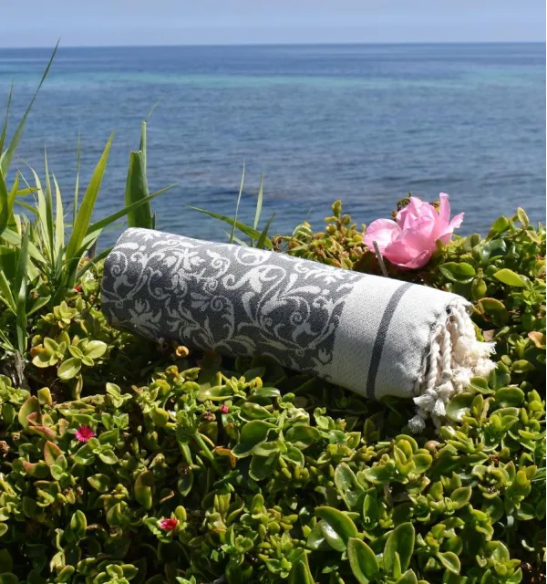 Toalla de playa Versailles gris – Fouta de playa con diseño floral, toalla de playa, fouta jacquard elegante