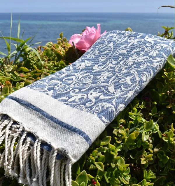 Toalla de playa Versailles azul aciano – toalla de algodón, fouta absorbente, fouta floral