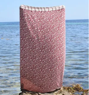 Toalla de playa Versailles burdeos – Fouta con diseño floral, toalla de playa burdeos, toalla jacquard