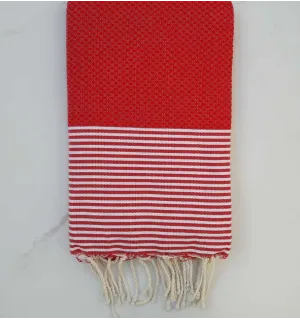 FOUTA NID D'ABEILLE rouge coraille rayée blanc