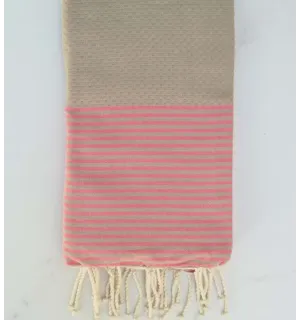 FOUTA NID D'ABEILLE marron rayée  rose corail
