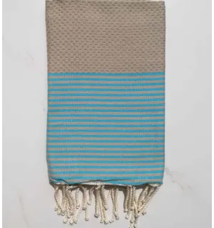 FOUTA NID D'ABEILLE marron rayée  rose corail
