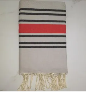 Toalla de playa nido de abeja gris perla rayas antracita y rojo