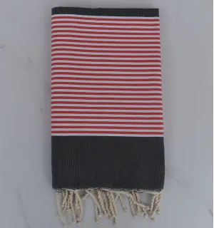 Toalla de playa  gris oscuro a rayas rojo inglés y blanco