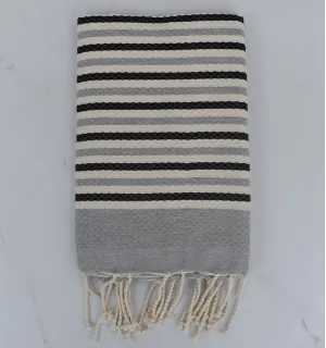 Fouta nid d'abeille blanc crème, anthracite et gris rayée 1 cm 